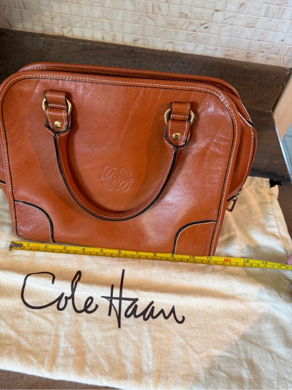 Cole Haan Cognac Leather Satchel with Brass Accents - Picture 2 of 6